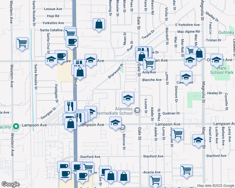 map of restaurants, bars, coffee shops, grocery stores, and more near 12230 Arrowhead Street in Stanton