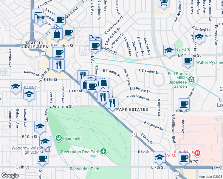 map of restaurants, bars, coffee shops, grocery stores, and more near 5300 East El Prado Avenue in Long Beach