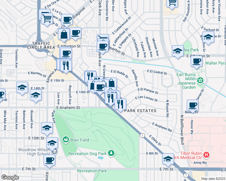 map of restaurants, bars, coffee shops, grocery stores, and more near 5149 East Anaheim Road in Long Beach