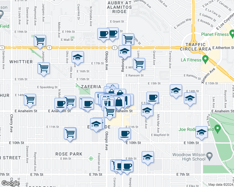 map of restaurants, bars, coffee shops, grocery stores, and more near 1400 Coronado Avenue in Long Beach