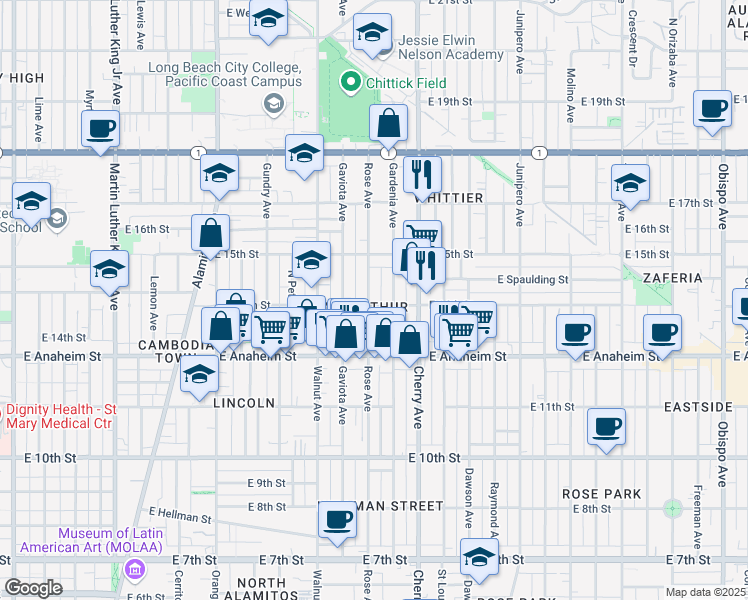 map of restaurants, bars, coffee shops, grocery stores, and more near 1401 Rose Avenue in Long Beach