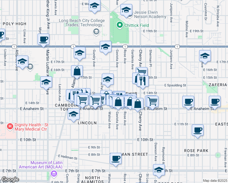 map of restaurants, bars, coffee shops, grocery stores, and more near 1609 East 14th Street in Long Beach