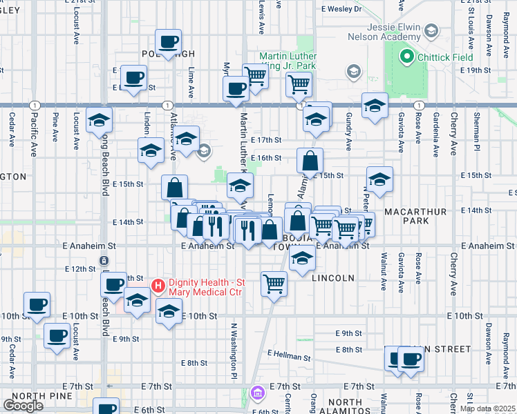 map of restaurants, bars, coffee shops, grocery stores, and more near 1001 East New York Street in Long Beach