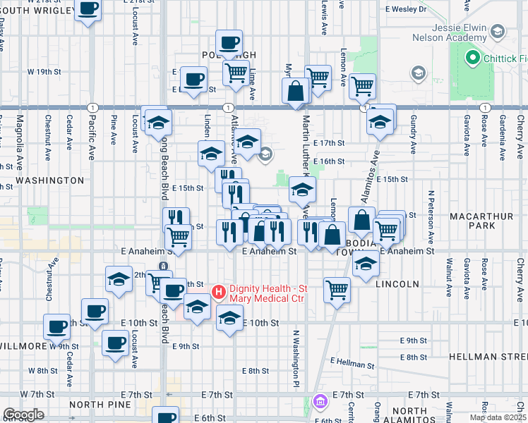 map of restaurants, bars, coffee shops, grocery stores, and more near 716 East New York Street in Long Beach