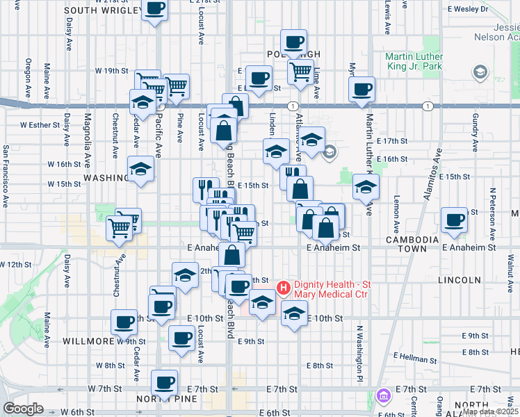 map of restaurants, bars, coffee shops, grocery stores, and more near 1441 Elm Avenue in Long Beach