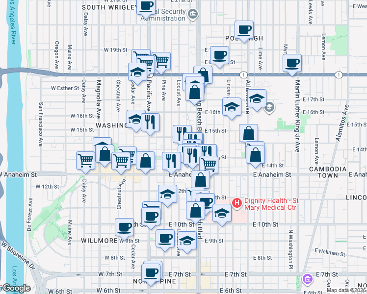 map of restaurants, bars, coffee shops, grocery stores, and more near 1421 Locust Avenue in Long Beach
