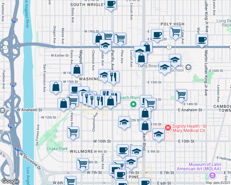 map of restaurants, bars, coffee shops, grocery stores, and more near 127 West 14th Street in Long Beach