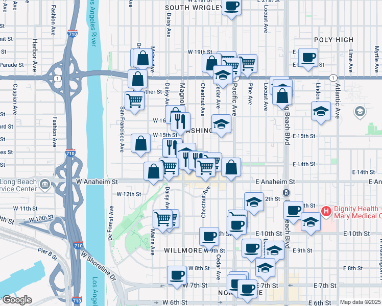map of restaurants, bars, coffee shops, grocery stores, and more near in Long Beach