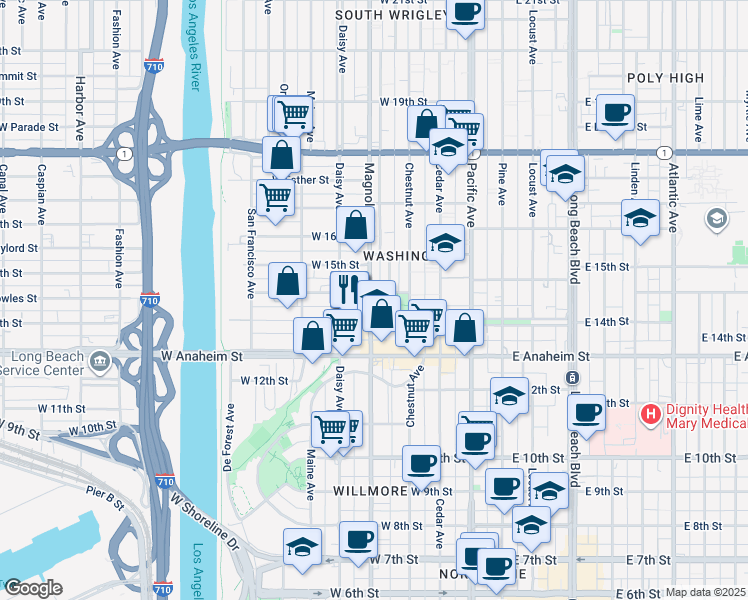 map of restaurants, bars, coffee shops, grocery stores, and more near 512 West Cowles Street in Long Beach