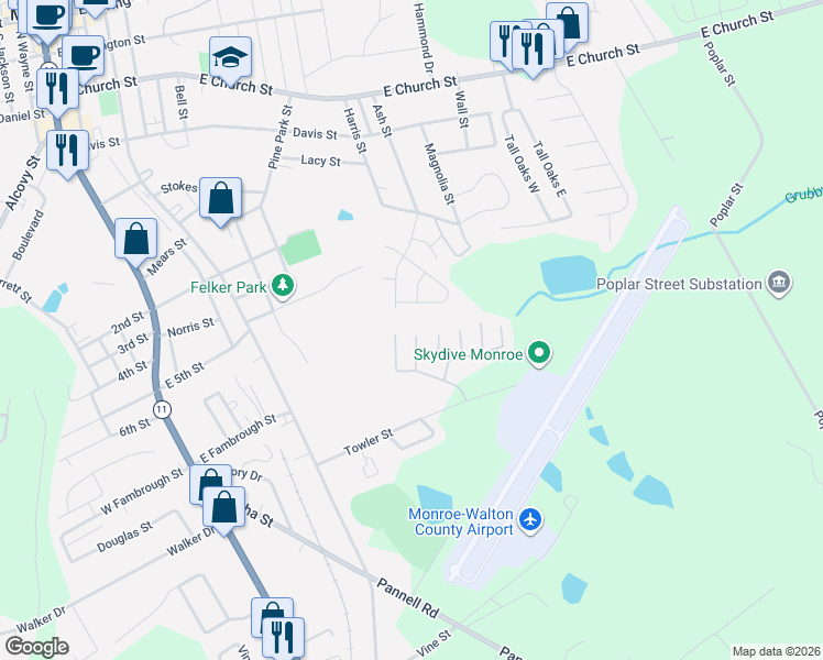 map of restaurants, bars, coffee shops, grocery stores, and more near 642 Mill Stone Bluff in Monroe