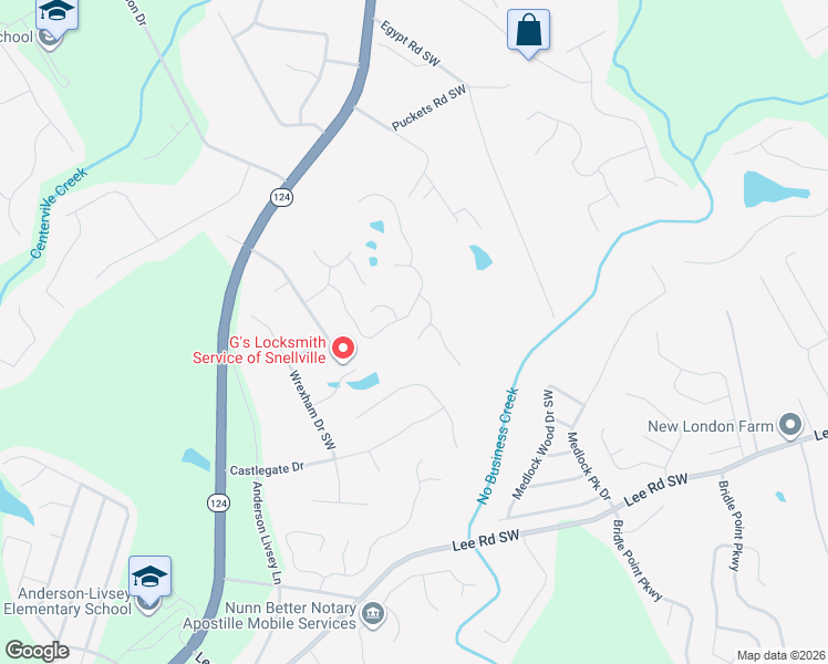 map of restaurants, bars, coffee shops, grocery stores, and more near 4279 Ridgeside Terrace in Snellville