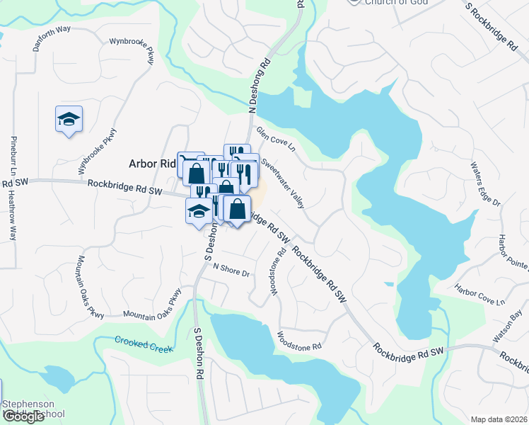 map of restaurants, bars, coffee shops, grocery stores, and more near 7185 Lake Crossing in Stone Mountain