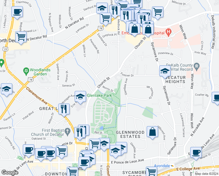 map of restaurants, bars, coffee shops, grocery stores, and more near 146 Norris Street in Decatur