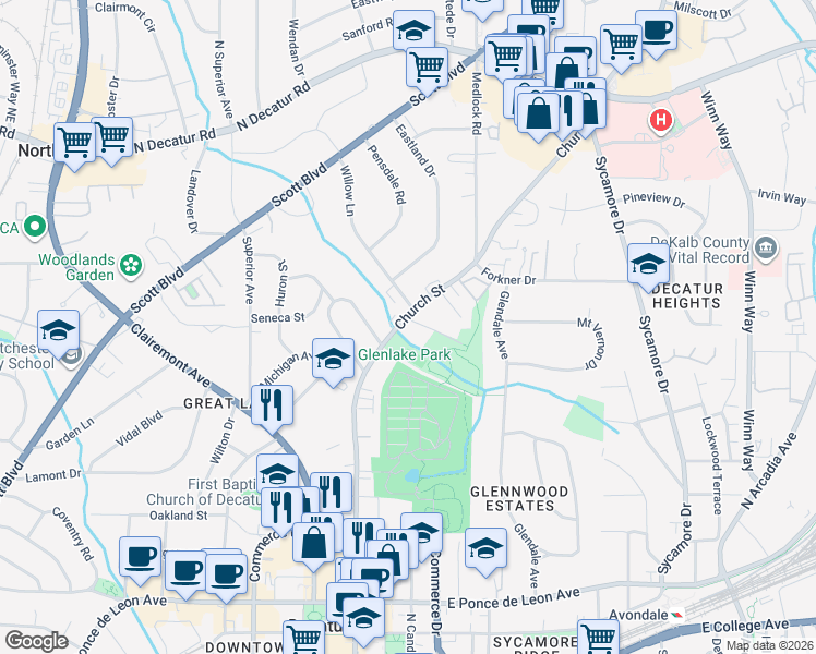 map of restaurants, bars, coffee shops, grocery stores, and more near 1179 Church Street in Decatur