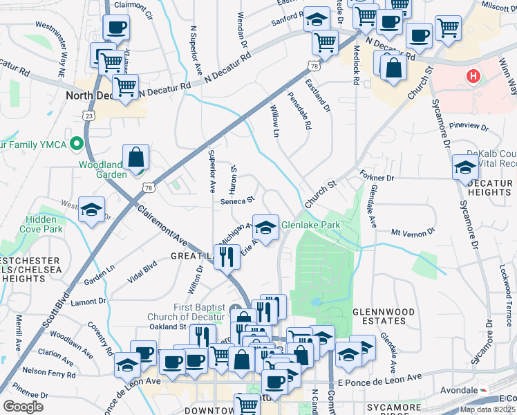 map of restaurants, bars, coffee shops, grocery stores, and more near 132 Geneva Street in Decatur