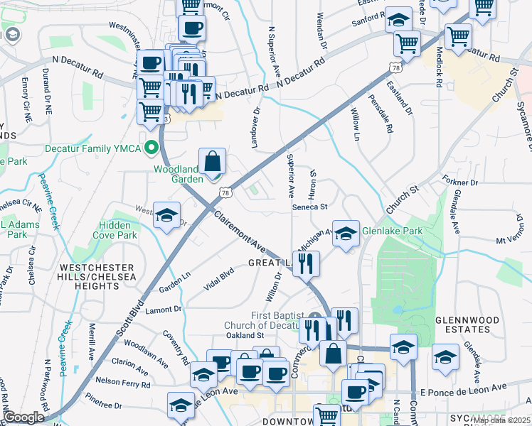 map of restaurants, bars, coffee shops, grocery stores, and more near 168 Superior Avenue in Decatur