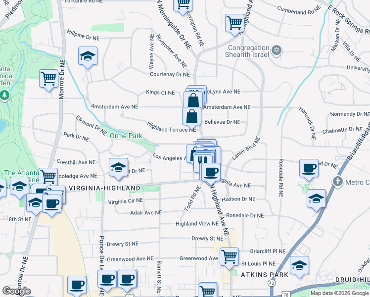 map of restaurants, bars, coffee shops, grocery stores, and more near 927 Glen Arden Way Northeast in Atlanta