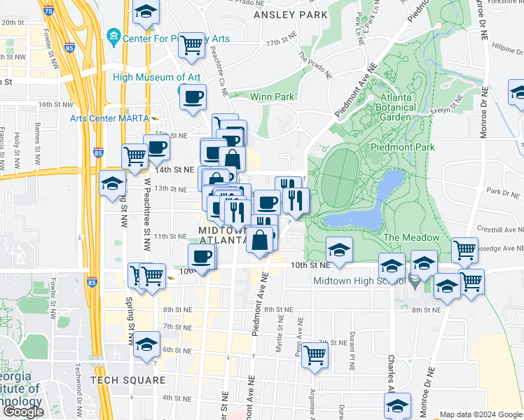 map of restaurants, bars, coffee shops, grocery stores, and more near 202 12th Street Northeast in Atlanta