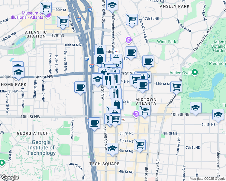 map of restaurants, bars, coffee shops, grocery stores, and more near 1080 West Peachtree Street Northwest in Atlanta