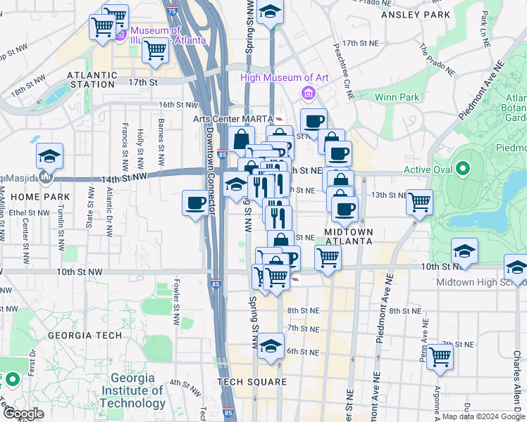 map of restaurants, bars, coffee shops, grocery stores, and more near 1080 West Peachtree Street Northwest in Atlanta
