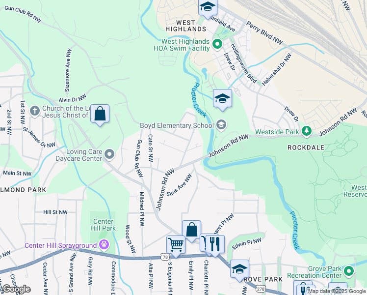 map of restaurants, bars, coffee shops, grocery stores, and more near 1985 Lois Place Northwest in Atlanta