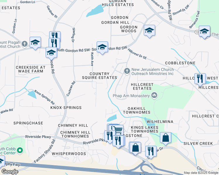 map of restaurants, bars, coffee shops, grocery stores, and more near 6943 Fairway Trail in Austell