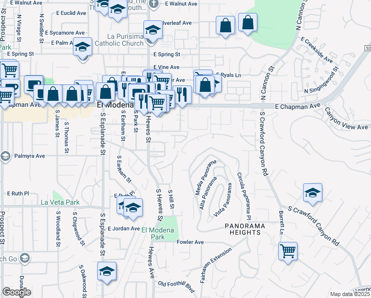map of restaurants, bars, coffee shops, grocery stores, and more near 18936 1/2 East Smiley Drive in Orange