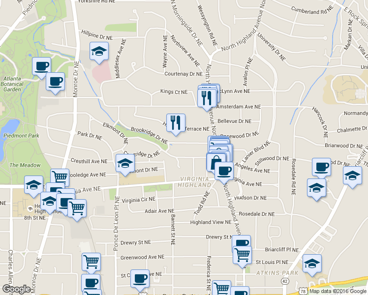 map of restaurants, bars, coffee shops, grocery stores, and more near 903 Glen Arden Way Northeast in Atlanta