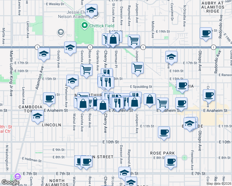map of restaurants, bars, coffee shops, grocery stores, and more near 2205 East 14th Street in Long Beach
