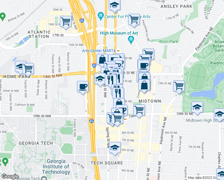 map of restaurants, bars, coffee shops, grocery stores, and more near 1080 West Peachtree Street Northwest in Atlanta