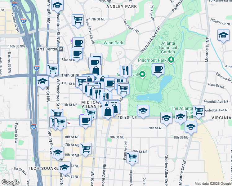 map of restaurants, bars, coffee shops, grocery stores, and more near 242 12th Street Northeast in Atlanta