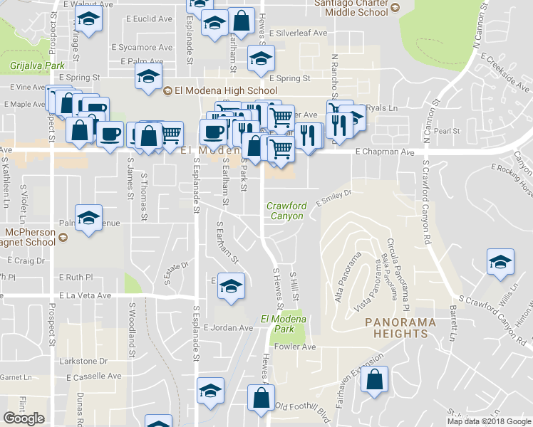 map of restaurants, bars, coffee shops, grocery stores, and more near 4505 East Philo Avenue in Orange