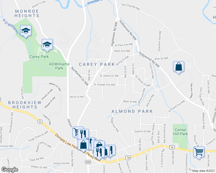 map of restaurants, bars, coffee shops, grocery stores, and more near 2504 Saint Joseph Avenue Northwest in Atlanta