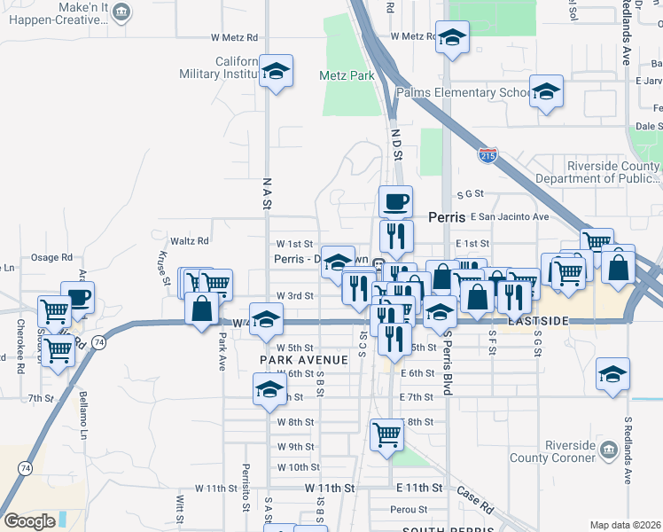 map of restaurants, bars, coffee shops, grocery stores, and more near 268 West 2nd Street in Perris