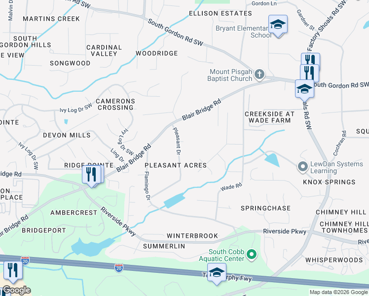 map of restaurants, bars, coffee shops, grocery stores, and more near 6961 Pleasant Drive in Austell