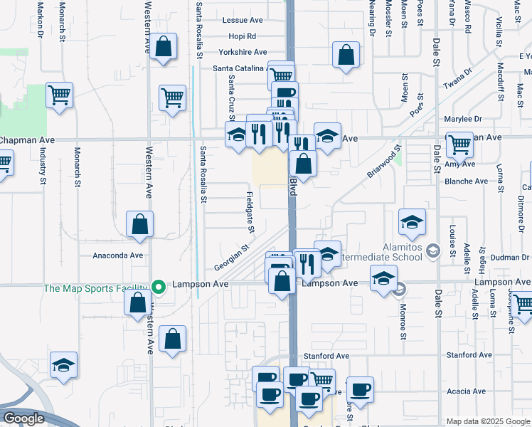 map of restaurants, bars, coffee shops, grocery stores, and more near 12242 Georgian Street in Garden Grove