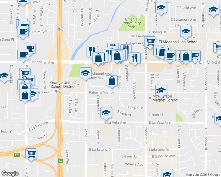 map of restaurants, bars, coffee shops, grocery stores, and more near 2814 East Washington Avenue in Orange