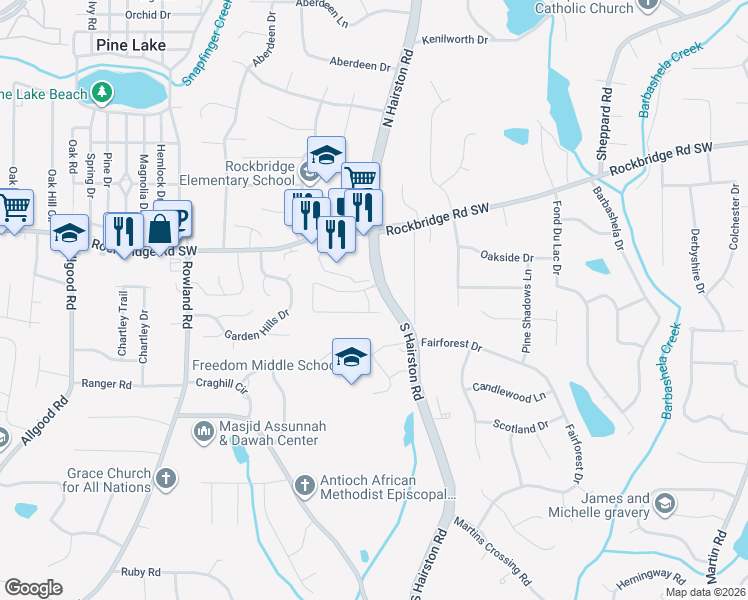 map of restaurants, bars, coffee shops, grocery stores, and more near 172 Walter Way in Stone Mountain