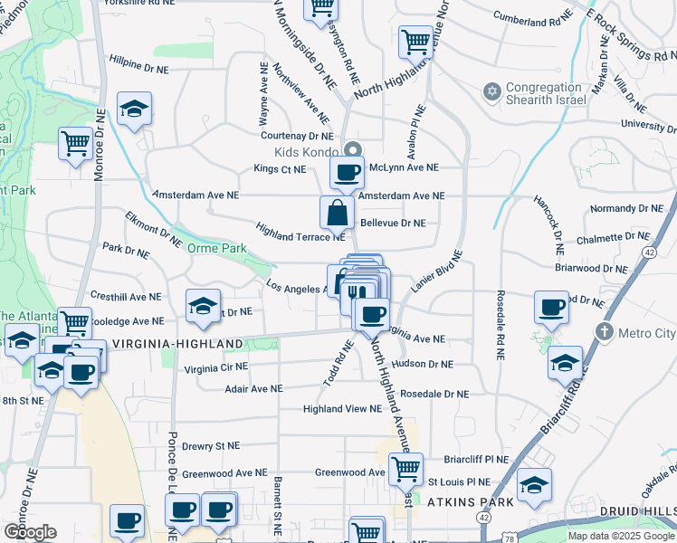 map of restaurants, bars, coffee shops, grocery stores, and more near 969 Glen Arden Way Northeast in Atlanta