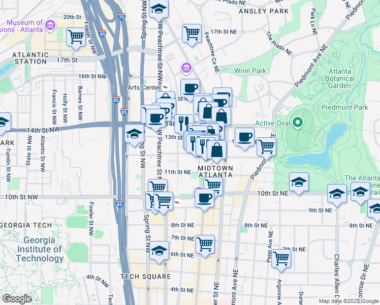 map of restaurants, bars, coffee shops, grocery stores, and more near 72 12th Street Northeast in Atlanta