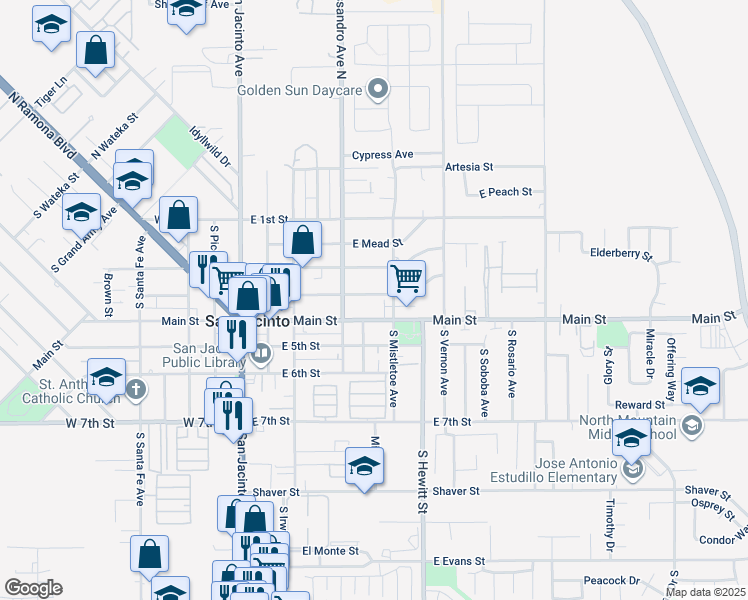 map of restaurants, bars, coffee shops, grocery stores, and more near 462 East 3rd Street in San Jacinto