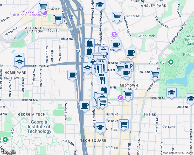 map of restaurants, bars, coffee shops, grocery stores, and more near 1080 West Peachtree Street Northwest in Atlanta