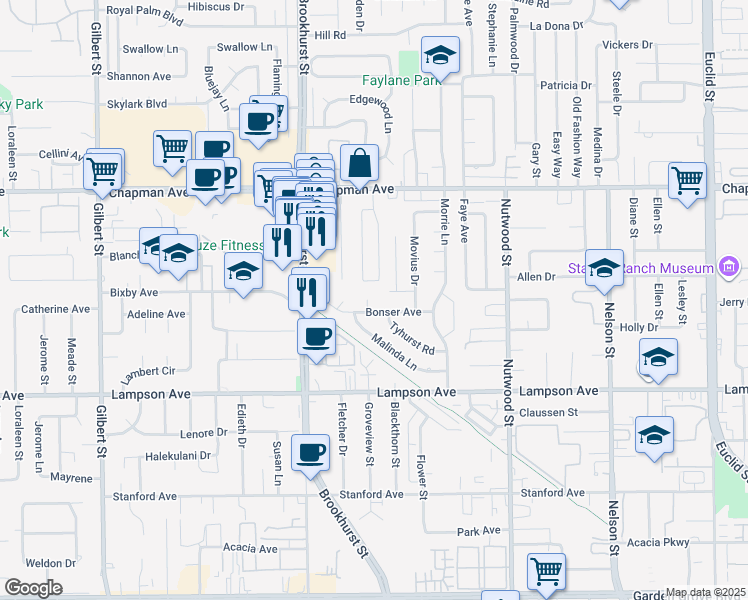 map of restaurants, bars, coffee shops, grocery stores, and more near 12266 Madras Place in Garden Grove