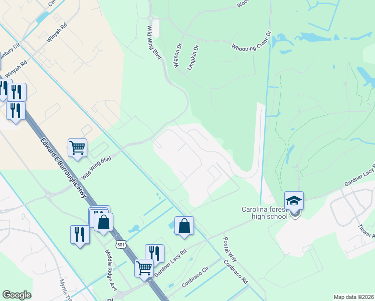 map of restaurants, bars, coffee shops, grocery stores, and more near 324 Wild Wing Boulevard in Conway