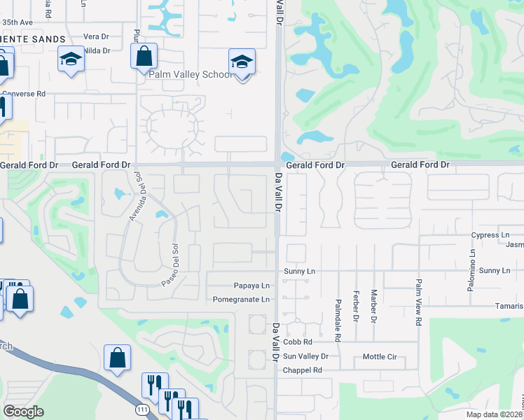 map of restaurants, bars, coffee shops, grocery stores, and more near 36297 Da Vinci Drive in Cathedral City