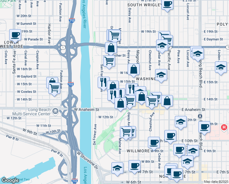 map of restaurants, bars, coffee shops, grocery stores, and more near 724 West Cowles Street in Long Beach