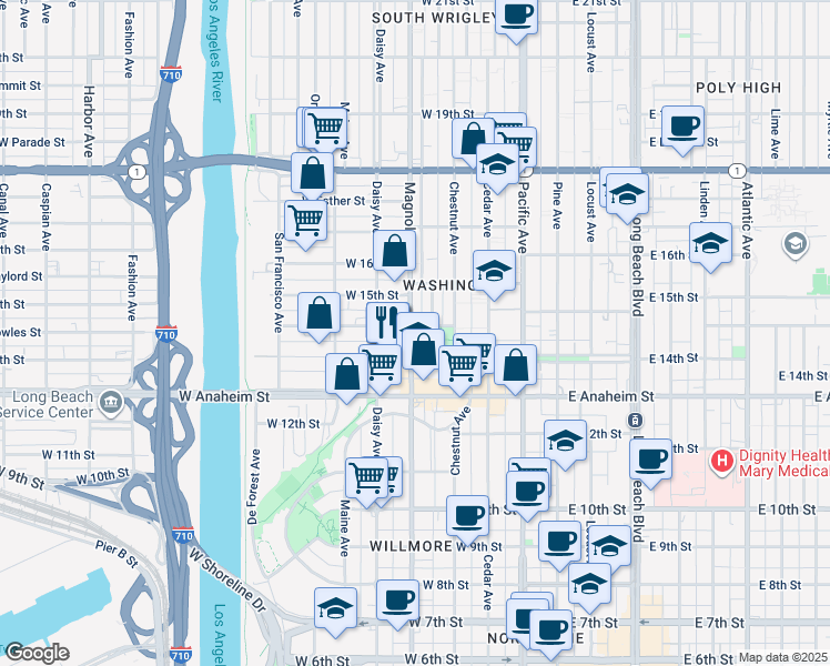 map of restaurants, bars, coffee shops, grocery stores, and more near 464 West Cowles Street in Long Beach