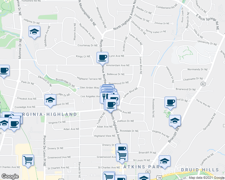 map of restaurants, bars, coffee shops, grocery stores, and more near 1016 Kentucky Avenue Northeast in Atlanta