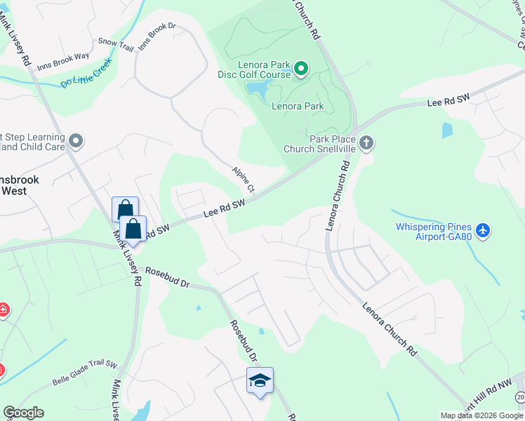 map of restaurants, bars, coffee shops, grocery stores, and more near 3376 Lee Road Southwest in Snellville