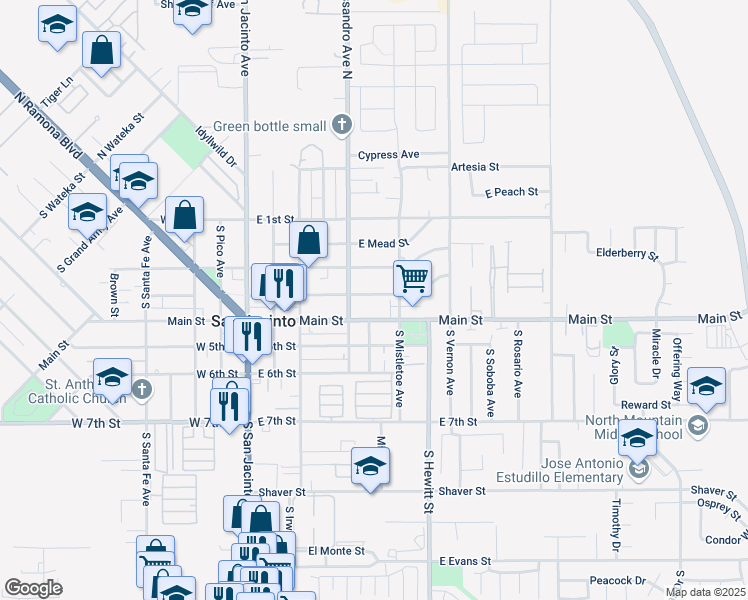 map of restaurants, bars, coffee shops, grocery stores, and more near 456 East 3rd Street in San Jacinto